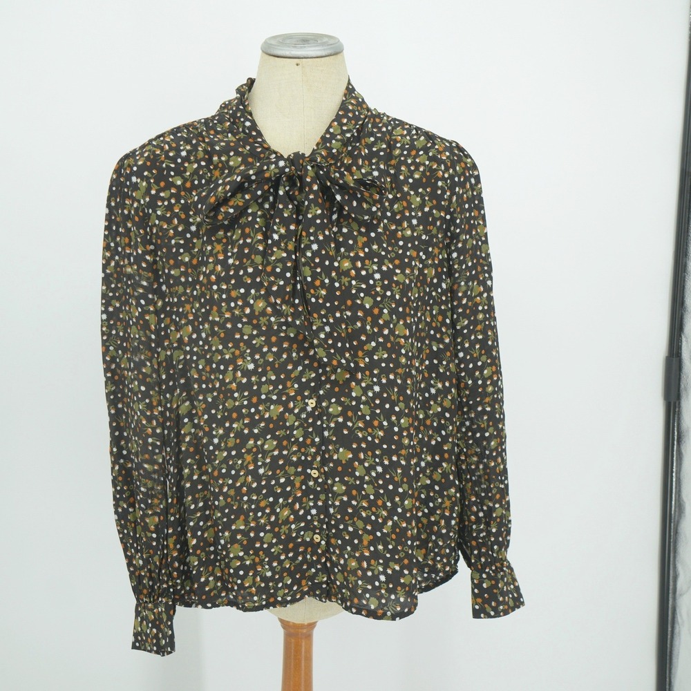 Scotch & Soda Bow Blouse Womens S Black Floral Tie Neck Smocked Cuff 169362-22